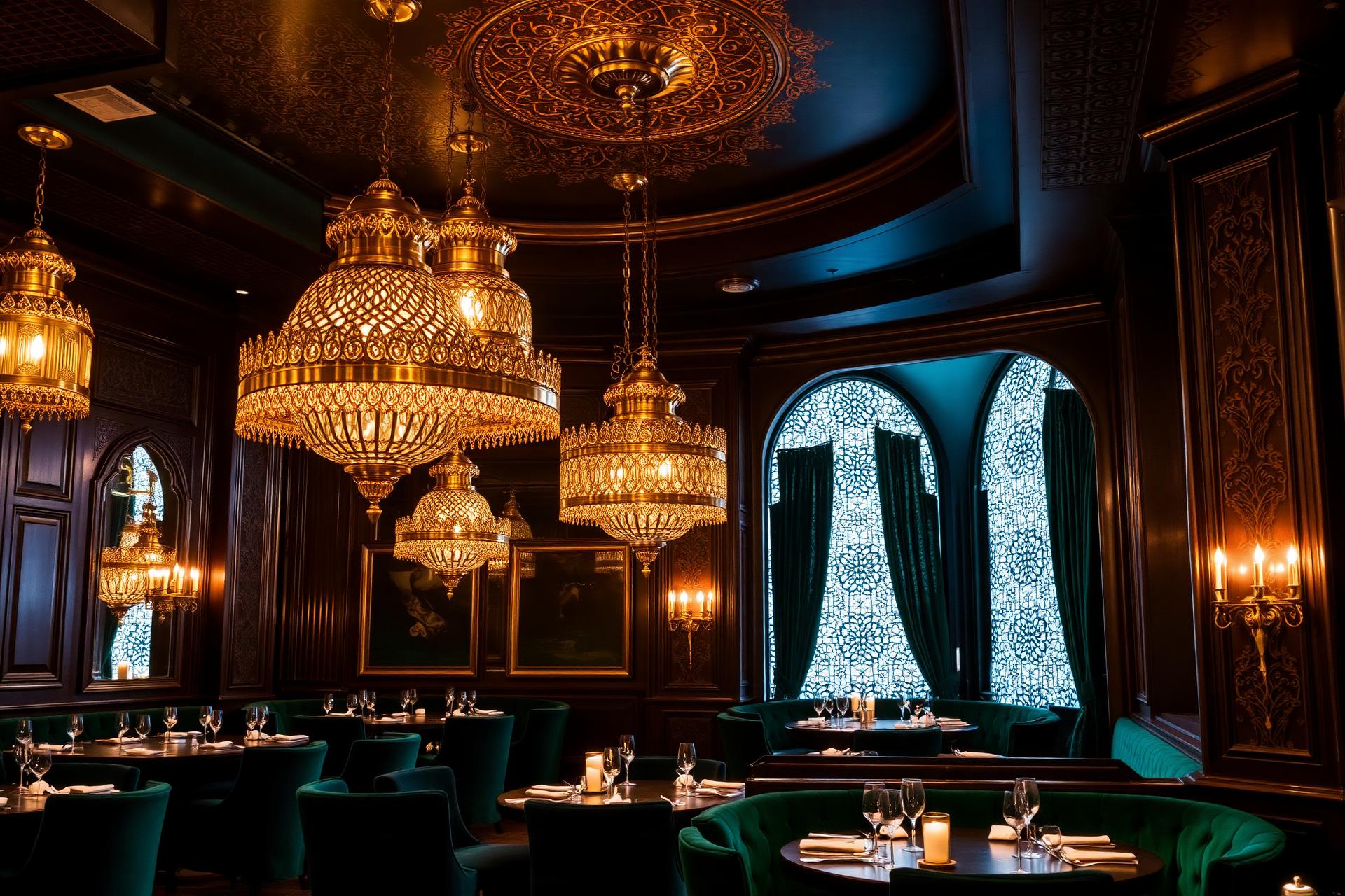 Interior of Restaurant Dubai with brass lanterns and emerald velvet seating